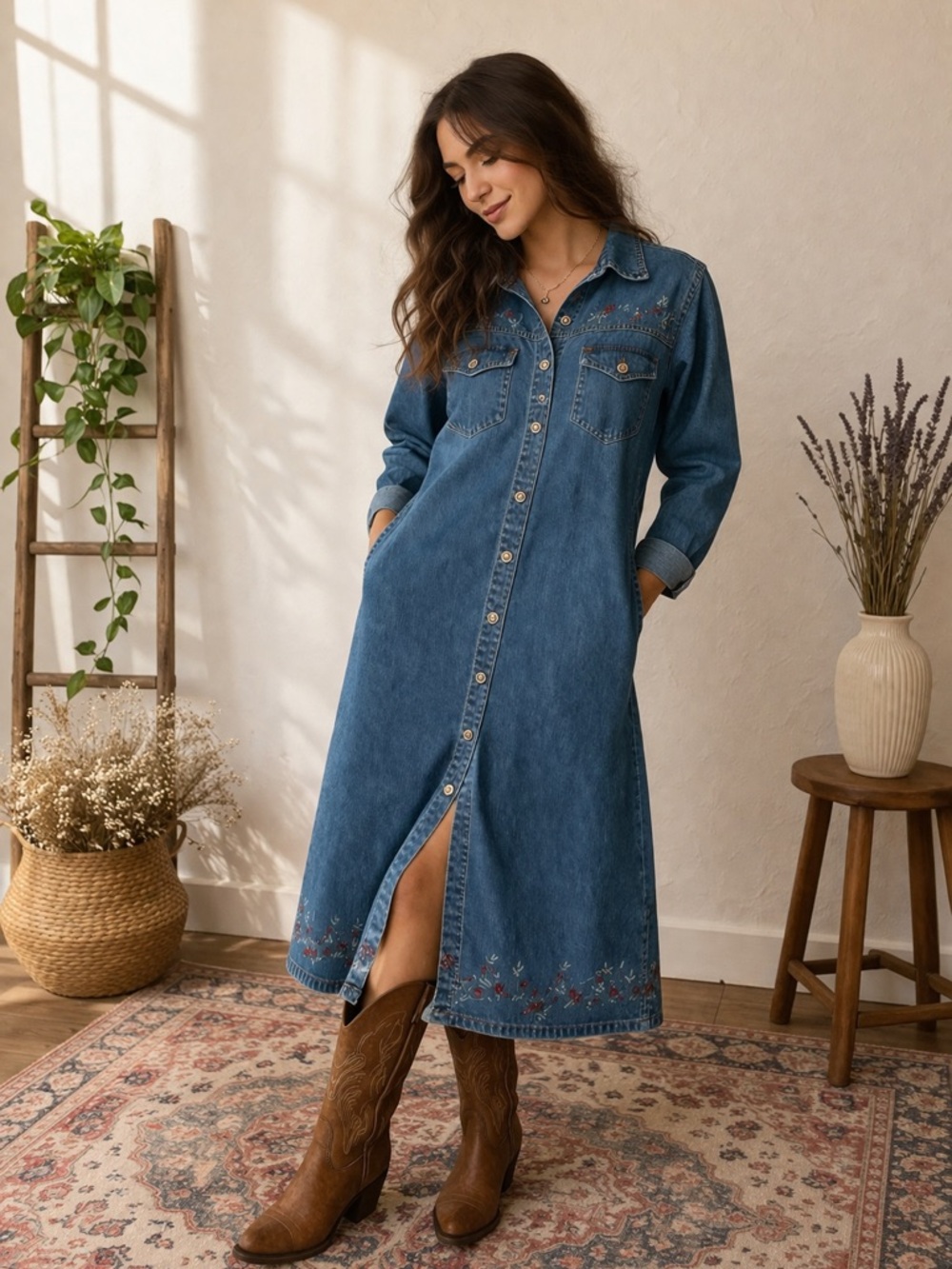 Chelsea Studio Embroidered Denim Midi Dress Button Front LG Cottagecore Country